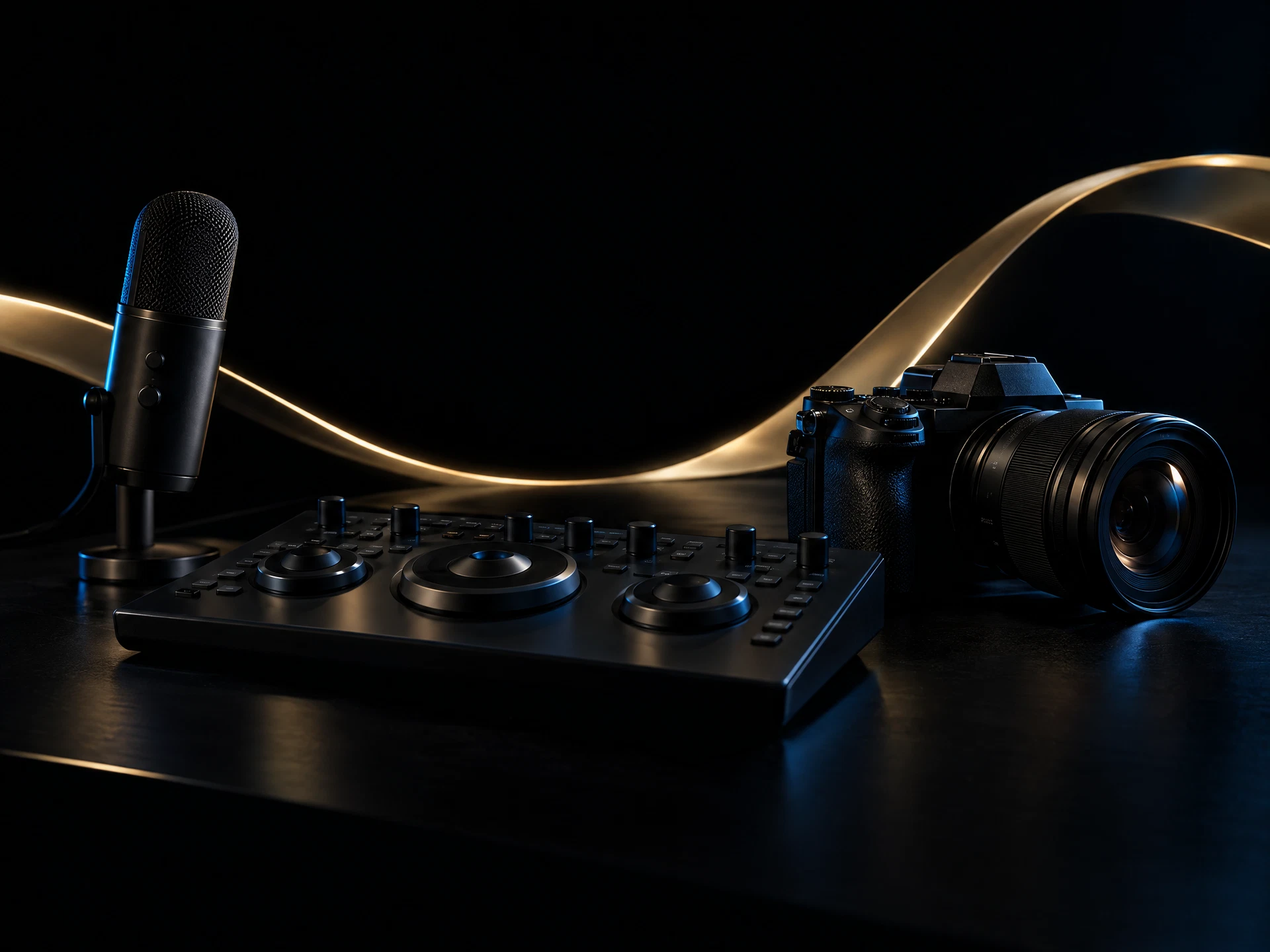 Conceptual black camera, microphone, and editing console with gold and blue lighting
