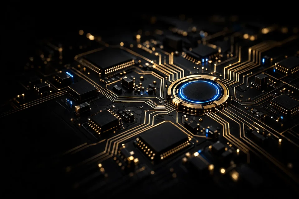 Fine gold circuit paths and a subtle electric-blue core on black